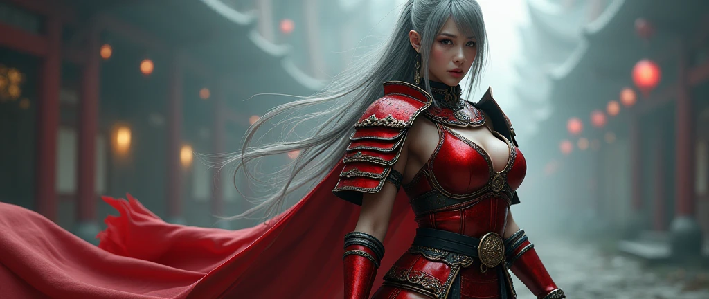 Teenager woman with white hair with grey eyes with curvy waist and big thighs and big butt with sexy red samurai armor