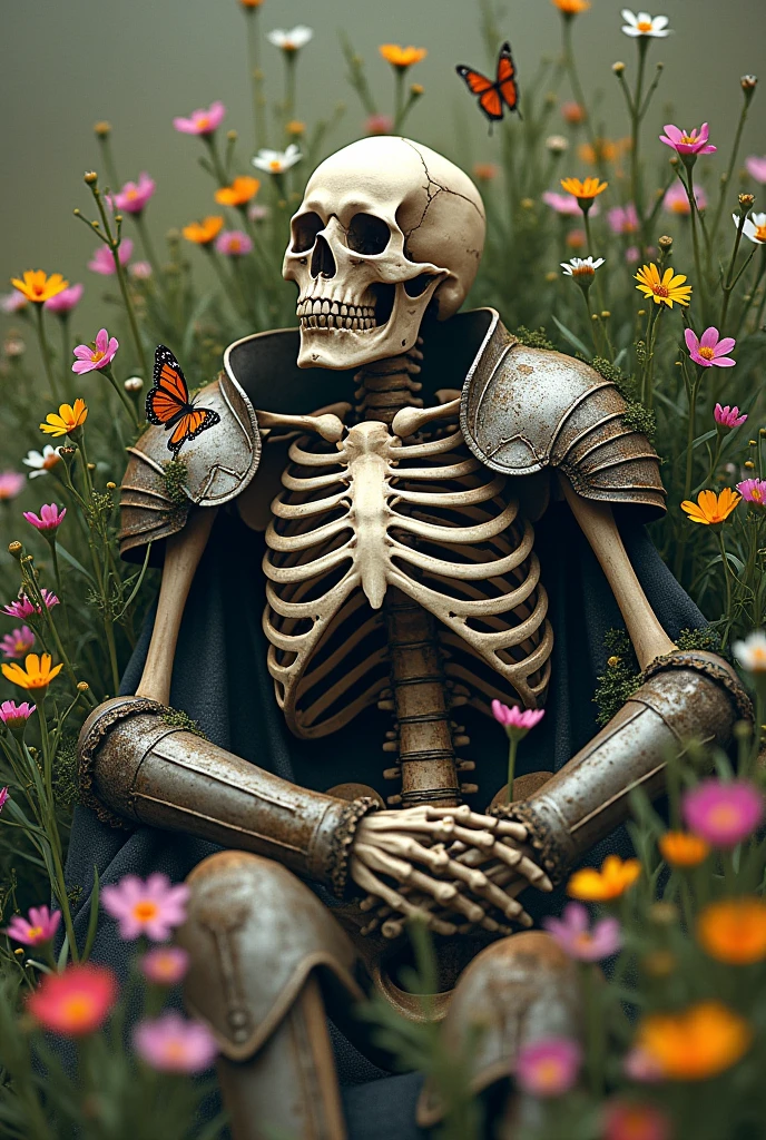 Medieval warrior skeleton (minute details in the armor), supported (with his head lying on a stone),in a field of flowers, full body image, show your feet (one is extended and the other is not) the soldier is in profile