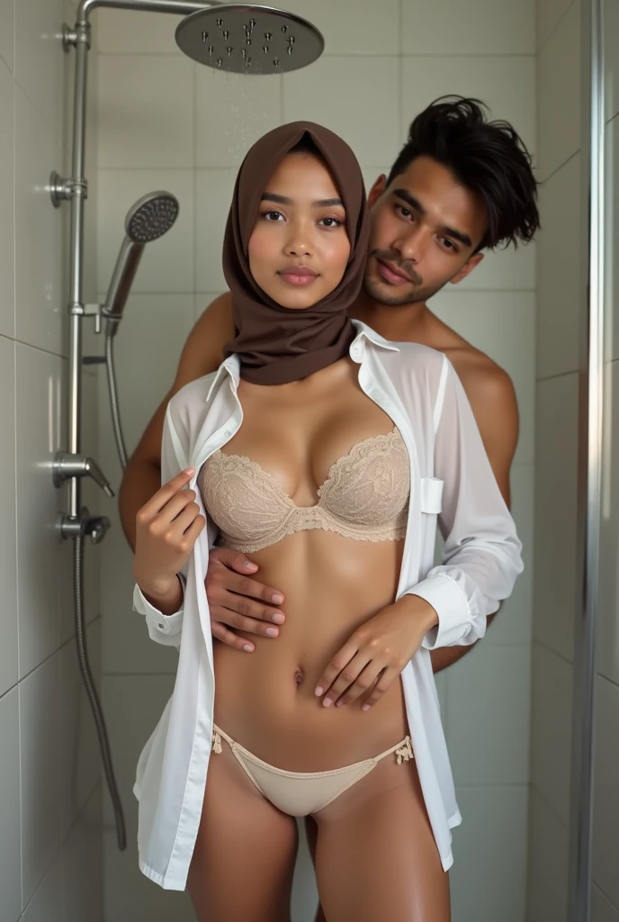 Nude 24 year old age malay woman with hijab,bathroom background,smiling,a group of men watching,ready to fuck