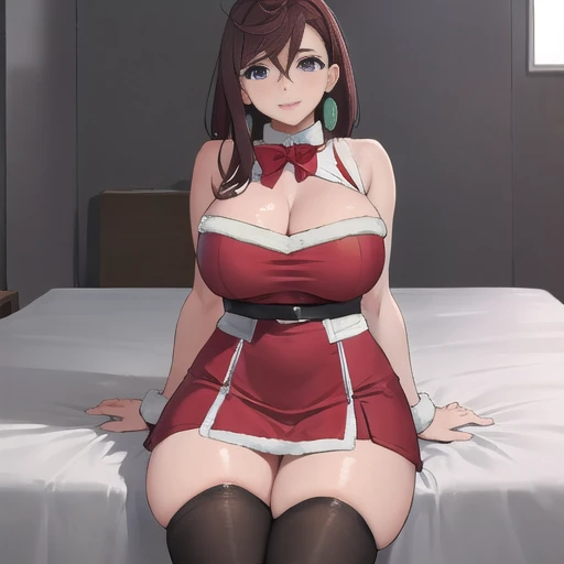 (Ayase Momo from anime dandadan),sitting on a chair in a room, very sexy Dressed as Santa Claus , sexy outfit, sexy look, revealing outfit, sexy girl, thicc, massive legs towering over you, seductively looking in front, intriguing outfit, thighhighs and skirt, revealing clothes, tight outfit, sexy dress, very sexy, better known as amouranth.