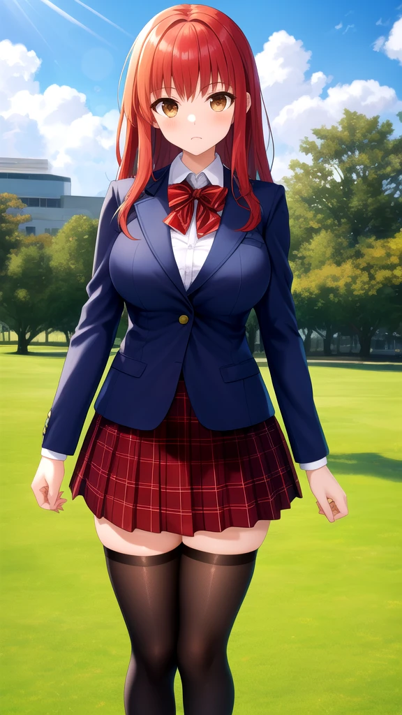 masterpiece, best quality, highres, girl, solo, looking at viewer, Shirou Emiya, Red hair, Brown Eyes, large breasts, Red bow, striped bow, blazer, blue jacket, long sleeves, plaid skirt, brown skirt, black thighhighs, outdoors, cowboy shot, standing, looking at viewer,