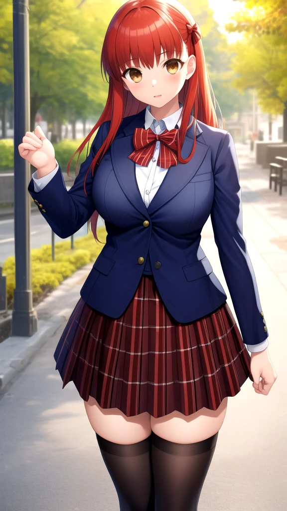 masterpiece, best quality, highres, girl, solo, looking at viewer, Shirou Emiya, Red hair, Brown Eyes, large breasts, Red bow, striped bow, blazer, blue jacket, long sleeves, plaid skirt, brown skirt, black thighhighs, outdoors, cowboy shot, standing, looking at viewer,