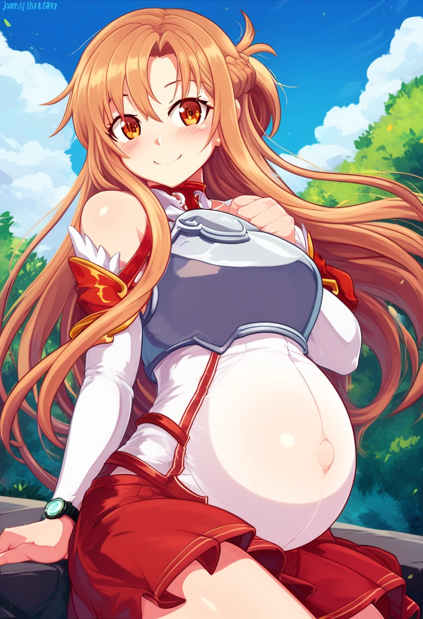  score_9,  score_8_up,  score_8,  medium chest , (Curvy), cute,  eyelash , break, ,,, zzAsuna, Asuna (Star),  long hair,  brown hair,  Brown Eyes ,  braided , 非常に long hair,  knee-high, Bare shoulders,  Detached Sleeves, armor, white  knee-high, breastplate,  red skirt , ,,, break, smile,  Watch viewers,  Cowboy Shots,  outdoors, sunny day, null, day, cloud, tree, 青null, sunny, ExpressiveH,Pregnant woman