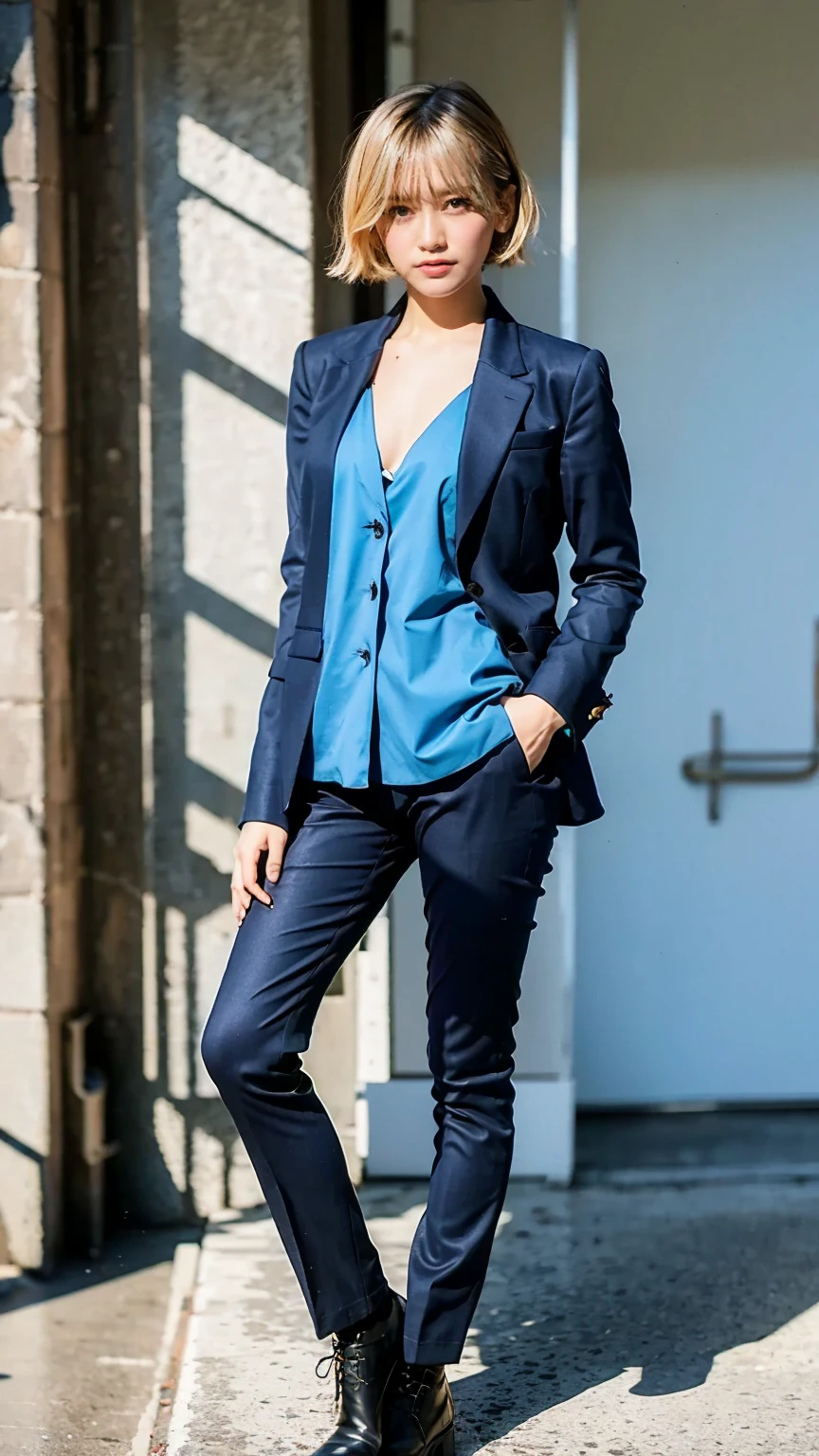 A confident girl look like model, short blonde hair, wearing a modern black suit, standing with hands in pockets, facing the camera directly, head-on view, full-body shot, centered composition, studio lighting, ultra-sharp, professional quality