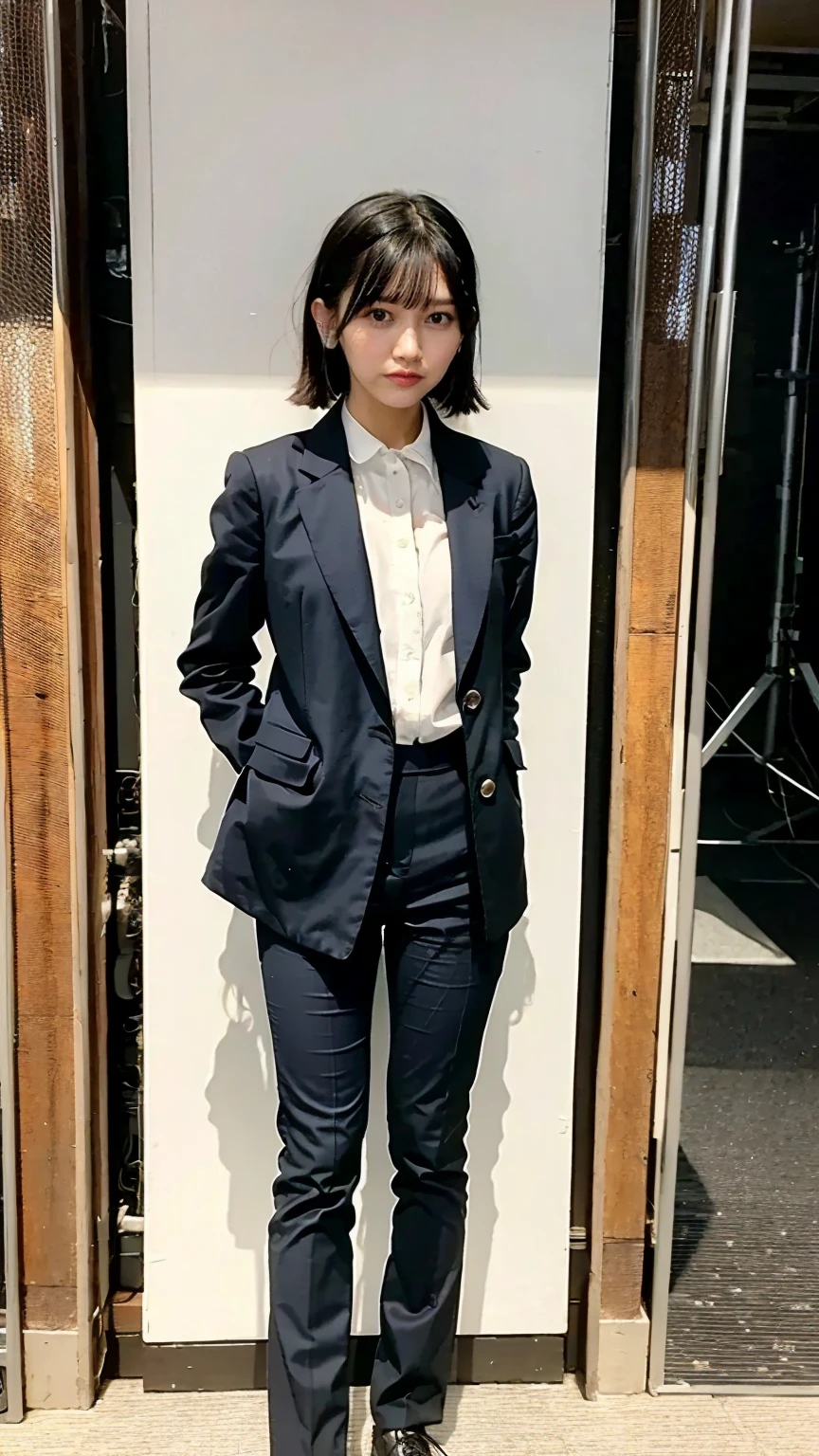 A confident girl look like model, short blonde hair, wearing a modern black suit, standing with hands in pockets, facing the camera directly, head-on view, full-body shot, centered composition, studio lighting, ultra-sharp, professional quality