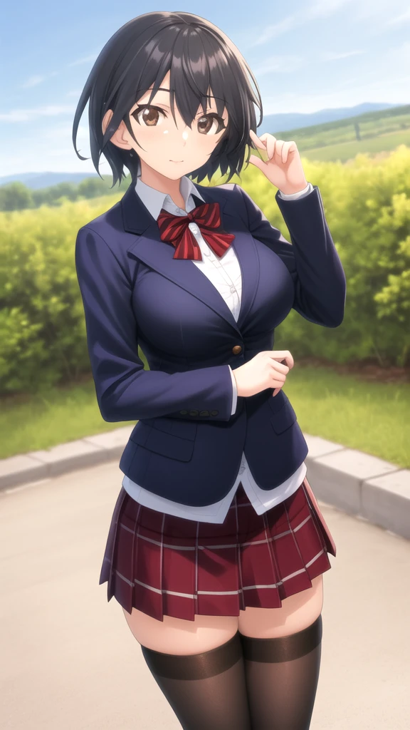 masterpiece, best quality, high quality, girl, solo, looking at viewer, ichika_orimura, black hair, brown eyes, large breasts, Red bow, striped bow, blazer, blue jacket, long sleeves, plaid skirt, brown skirt, black thighhighs, outdoors, cowboy shot, standing, looking at viewer,