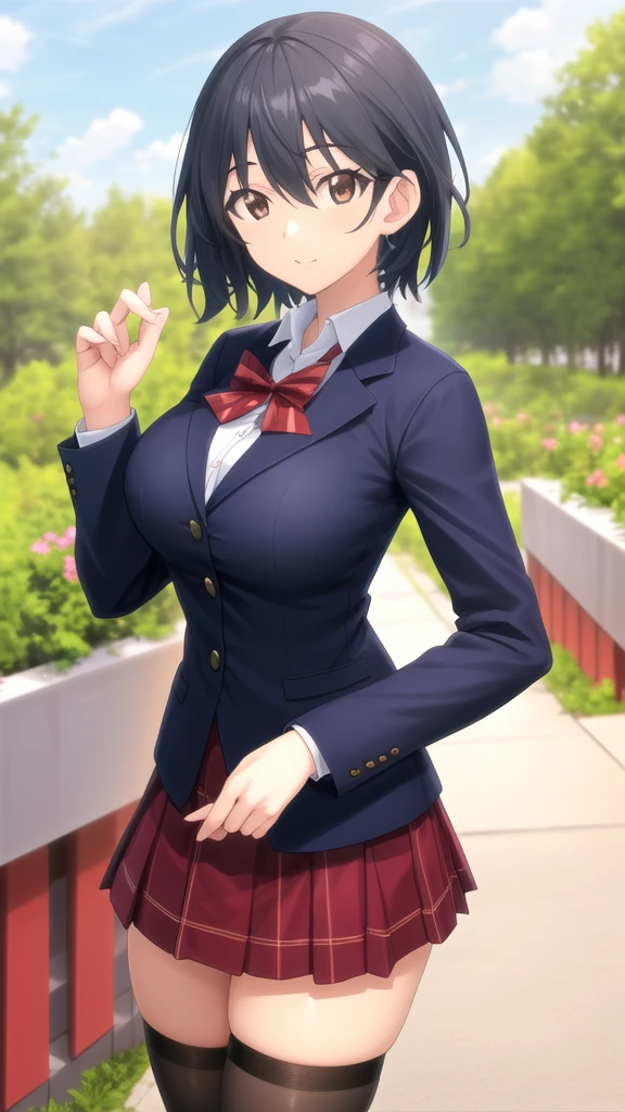 masterpiece, best quality, high quality, girl, solo, looking at viewer, ichika_orimura, black hair, brown eyes, large breasts, Red bow, striped bow, blazer, blue jacket, long sleeves, plaid skirt, brown skirt, black thighhighs, outdoors, cowboy shot, standing, looking at viewer,