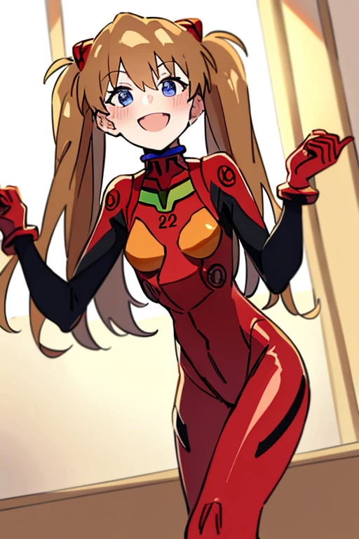 (( top quality)), ((masterpiece)), (be familiar with),  perfect face, indoor, bedroom,  laughing and smiling at the viewer ,
One woman,  Soryu Asuka Langley,
 open mouth,  with an ecstatic expression , blush, smile,
 small tits,  flat chested, Young girl, Lori,  s,  girl,
 long hair,  twin tails,
Leg spread,