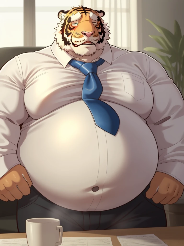 tiger, long sleeve plain shirt, necktie, sweat, obese,big fat belly,big fat breast,wet shirt, by bontiage 