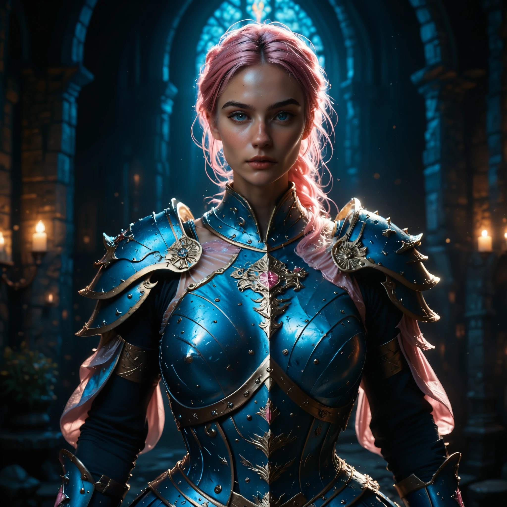 A beautiful muscular warrior woman in a medieval fantasy world, wearing sexy stunning pink and blue armor, detailed face and body, intricate armor, dynamic pose, dramatic lighting, cinematic compositing, hyper-realistic, 8k, Unreal Engine, award-winning digital art