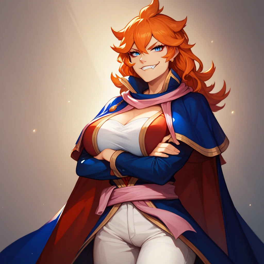 9masterpiece, best quality) solo, 1girl, mereoleonavermillion, fang, orange hair, blue eyes, red cape, blue coat, popped collar, white shirt, pink sash, white pants, large breasts, looking at viewer, crossed arms, grin, cowboy shot, closed mouth