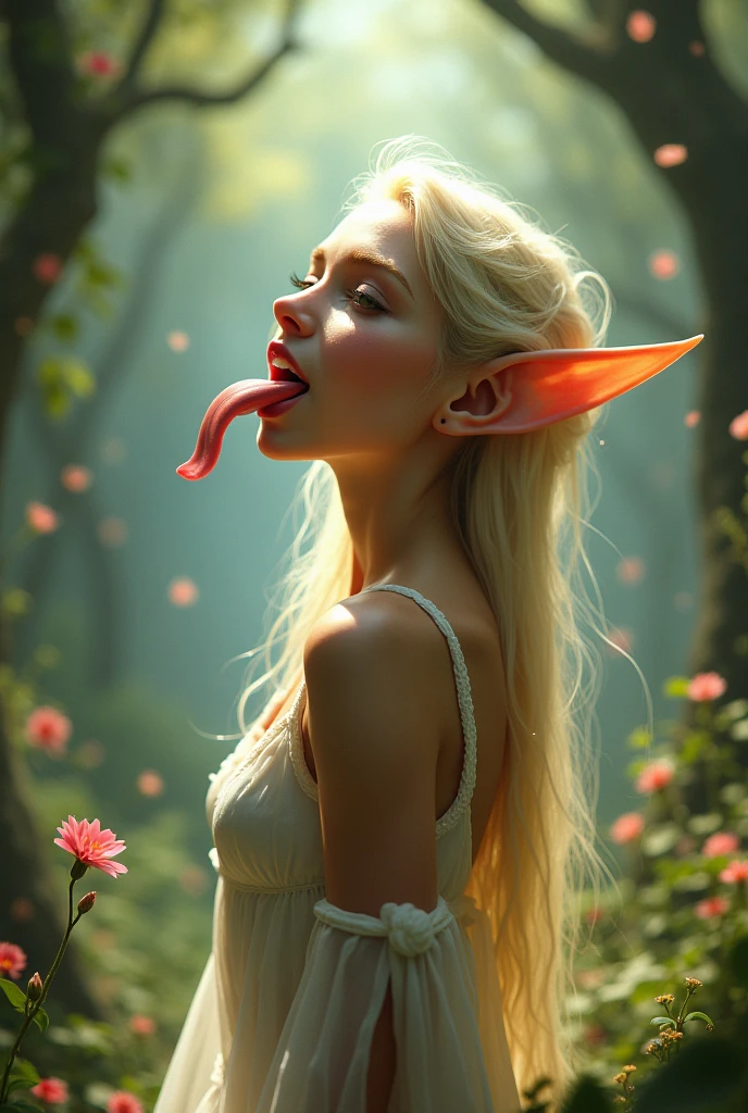 Full body mirroring，A sexy naked forest fairy ，Is masturbating with her tongue.