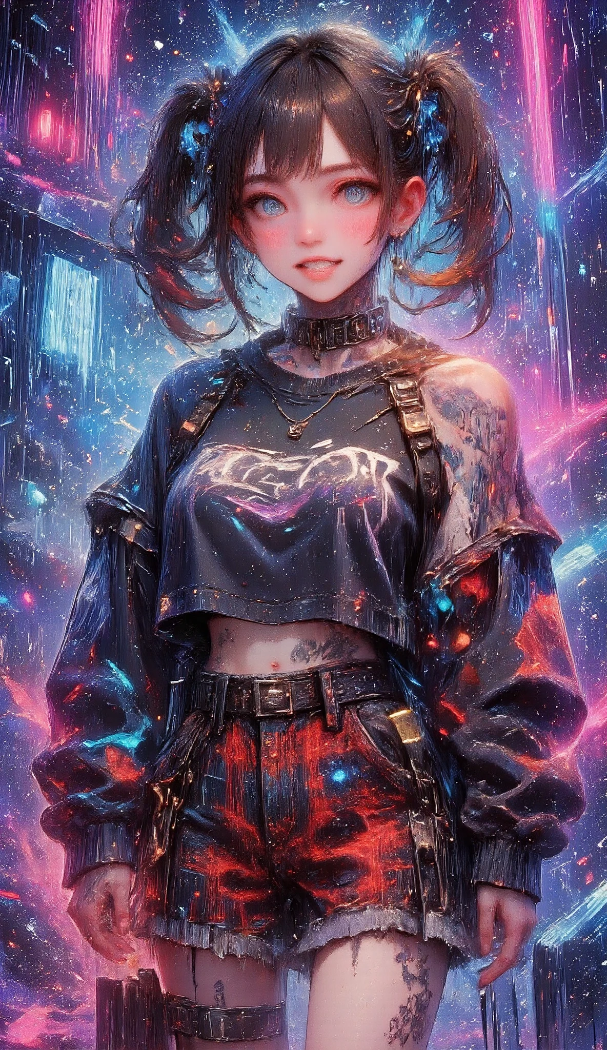  general plan :1.3, anatomically correct full body ,  of a young woman with modern hair with brown bangs and perforations,   half open mouth perfect teeth showing only the tongue  ,  Cheerful image wears dog collar with spikes and chains  ,   black sweatshirt  ,  short skirt with red and black Scottish print  ,tattoos, violet and cyan background  ,   Cyberpunk art inspired by Ross Tran  ,   trend in CGSociety  , Gothic art, Ross Tran!!!, Style Ross Tran,  in the style of Ross Tran , Ross Tran 8K, ross drawings  1. 0,   artwork in the style of Guweiz  , anime vibes, :: ross drawings 