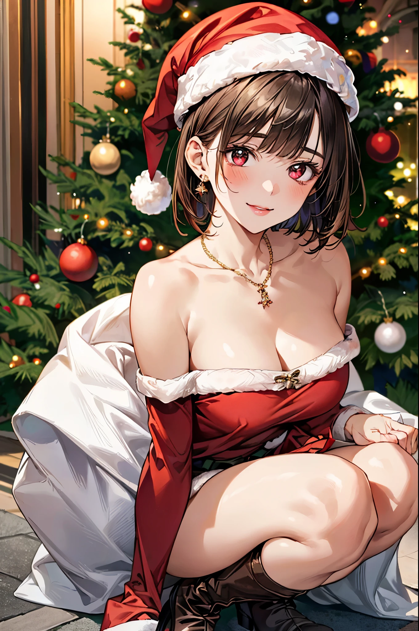 Kobeni , scared face embarrassing Christmas hat  , no bra  big  breasts  , sala de estar  christmas  decoration , red  lowleg pantie thong  , long socks  , making  sinal piece  of arms ,