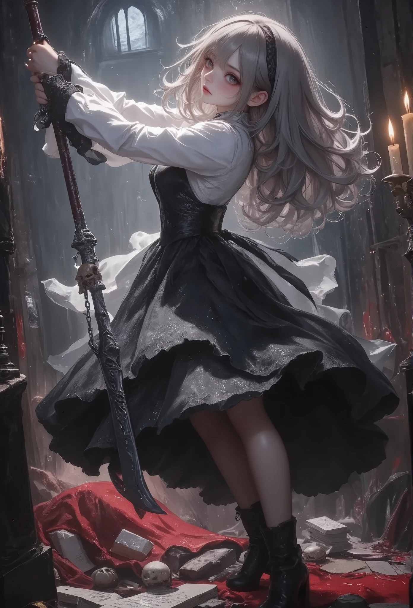 masterpiece, best quality, 8k, highres, ultra-detailed, HDR, UHD, ultra-fine painting, Gothic illustration style,, Chiaroscuro, dark gothic, Gothic Art style, Chiaroscuro,BREAK, girl\(gothic style\), from front,gothic dress, large death scythe double-handed grip, (scythe swinging), Dynamic Motion Blur, BREAK,death scythe\(perfect shape,, A skull ornament attached to the end of the handle by a chain ,Skull decoration,intense energy, BREAK,abandoned church\(cracked walls, peeling paint, broken windows, torn curtains, rusted wheelchair, fallen IV stand, shattered medicine bottles, scattered medical files, dim flickering fluorescent lights, eerie silence, drifting mist, dusty floor, long shadows, moonlight through broken glass, bloodstains and handprints on walls,frost-covered surfaces, old hospital signs, stopped clock\),cold and ominous atmosphere.