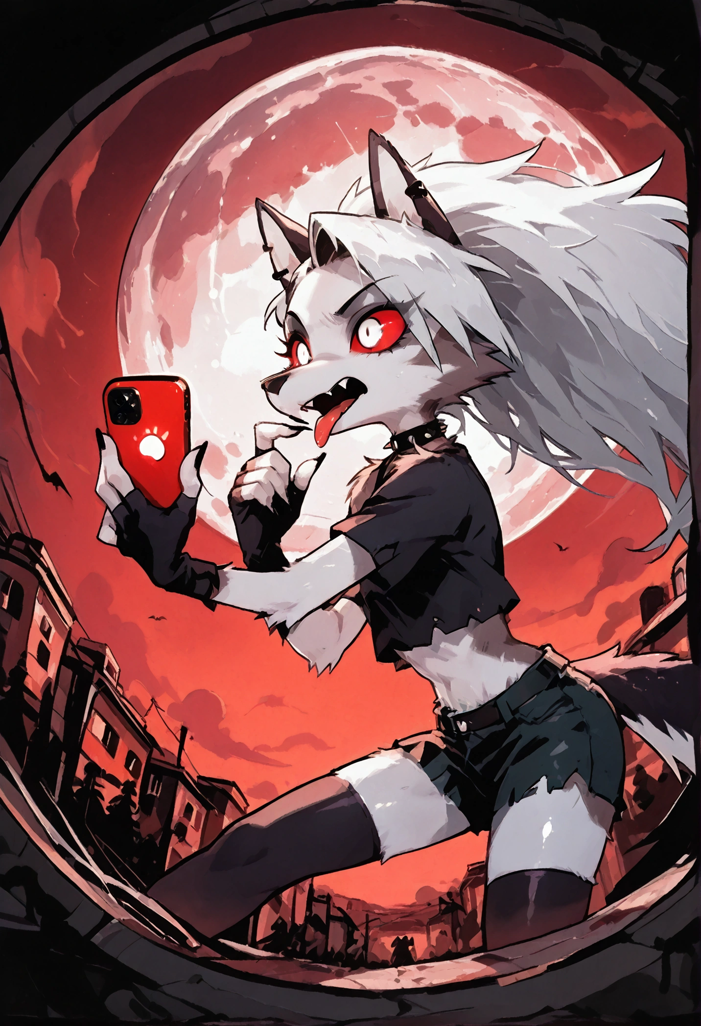 
solo,1girl\((red sclera:1.3),(white eyes:1.3), Loona, Loona\(Helluva Boss\),hellhound, muzzle, Anthro, furry, thigh highs, fingerless gloves, Shorts, Crop top, evil,mad, (fang:1.4), sharp teeth,(tongue:1.3),(close-up of eye:1.4),(abs:0.8),long nails,detailed face,(detailed fur:1.3),shiny fur,shiny skin,(hold red iPhone:1.3),dynamic pose,(side view,facial profile)\).dynamic angle. score_9, score_8_up, score_7_up, score_6_up, score_5_up, score_4_up, source_anime,source_furry,rating_safe,rating_questionable,masterpiece, best quality, perfect anatomy , very aesthetic , absurdres .limited palette.red filter.gothic horror mood.full moon.(dynamic angle:1.3).(fisheye:1.4) lens.
