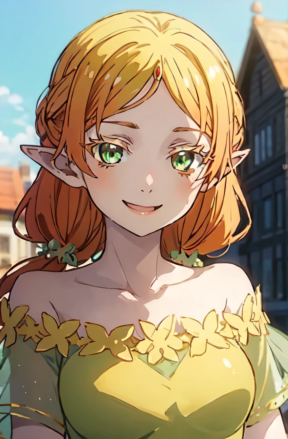 Pointy ears, jewel on forehead, chiffon green peach dress, puffy short sleeves, smiling face, cute dress, erotic style, super detailed, masterpiece, better quality, aesthetic, detailed,