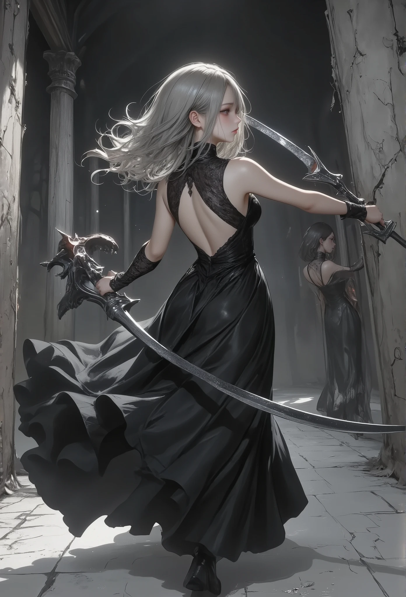 masterpiece, best quality, 8k, highres, ultra-detailed, HDR, UHD, ultra-fine painting, Gothic illustration style,, Chiaroscuro, dark gothic, Gothic Art style, Chiaroscuro,BREAK, 1girl, gothic dress, black lace, flowing fabric, large scythe\(double-handed grip\), (scythe swinging), Dynamic Motion Blur,intense energy, long hair fluttering, focused gaze, BREAK,abandoned hospital\(cracked walls, peeling paint, broken windows, torn curtains, rusted wheelchair, fallen IV stand, shattered medicine bottles, scattered medical files, dim flickering fluorescent lights, eerie silence, drifting mist, dusty floor, long shadows, moonlight through broken glass, bloodstains and handprints on walls,frost-covered surfaces, old hospital signs, stopped clock\),cold and ominous atmosphere.