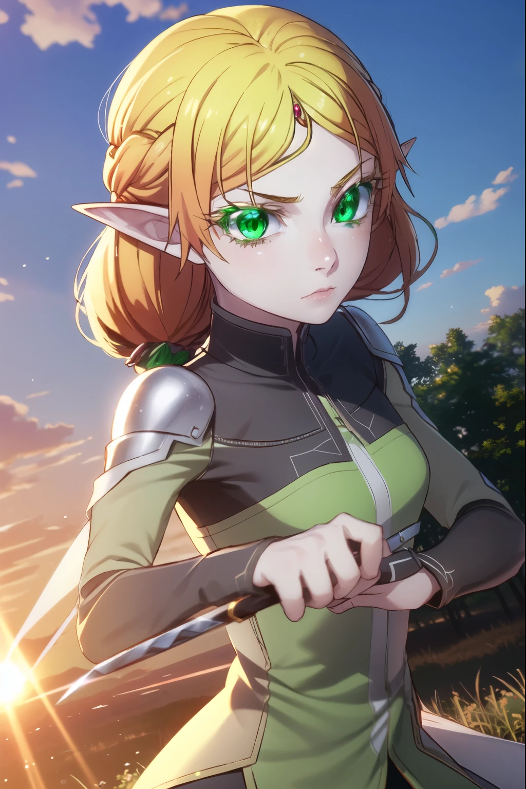 Tsundere Elf, Tsundere Elf, Long Hair, Blonde Hair, (Green Eyes: 1.5), Pointy Ears, Elf, Multicolored Hair, Forehead Jewel, Holding Sword, Fighting Scene, Light Green Dress, Flower Pattern on Collar, Forest, Nature, Sun, Sky, Clouds, Best Quality, High Resolution, Unity 8k Wallpaper, (Illustration: 0.8), (Beautifully Detailed Eyes: 1.6), Highly Detailed Face, Perfect Lighting, Highly Detailed CG, (Perfect Hands, Perfect Anatomy),