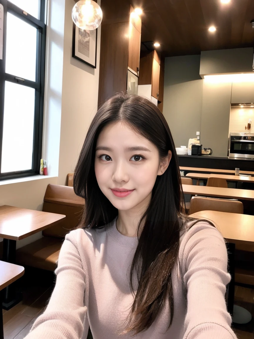 (((Highest quality, 8,000 people, masterpiece: 1.3)), (25-year-old woman), (Glowing Skin:1.3),   she has long brown hair、 white skin、And double eyelids 。 wearing a warm pink knit。 Morning cafe with light wood grain 。 in a relaxed atmosphere 、 Sitting at a black table 、 taking a selfie 。Atmosphere of taking a break 。 A simple interior spreads out in the background。brown long hair 