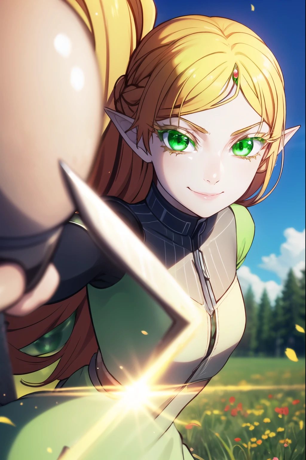 Tsundere Elf, Tsundere Elf, Long Hair, Blonde Hair, (Green Eyes: 1.5), Pointy Ears, Elf, Multicolored Hair, Forehead Jewel, Holding Sword, Smiling Face, Light Green Dress, Flower Pattern on Collar, Forest, Nature, Sun, Sky, Clouds, Best Quality, High Resolution, Unity 8k Wallpaper, (Illustration: 0.8), (Beautifully Detailed Eyes: 1.6), Highly Detailed Face, Perfect Lighting, Highly Detailed CG, (Perfect Hands, Perfect Anatomy),