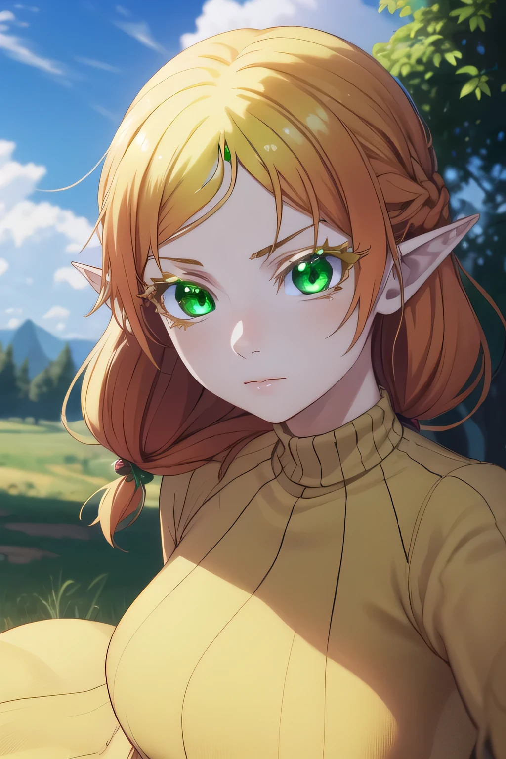 tsundereelf, tsundere elf, long hair, blonde hair, (green eyes:1.5), pointy ears, elf, multicolored hair, forehead jewel, BREAK dress, (yellow dress:1.5), long sleeves, turtleneck bodysuit, pantyhose, sweater, (black sweater:1.2), BREAK outdoors, forest, nature, sun, sky, clouds, BREAK looking at viewer, (cowboy shot:1.5), BREAK (masterpiece:1.2), best quality, high resolution, unity 8k wallpaper, (illustration:0.8), (beautiful detailed eyes:1.6), extremely detailed face, perfect lighting, extremely detailed CG, (perfect hands, perfect anatomy),