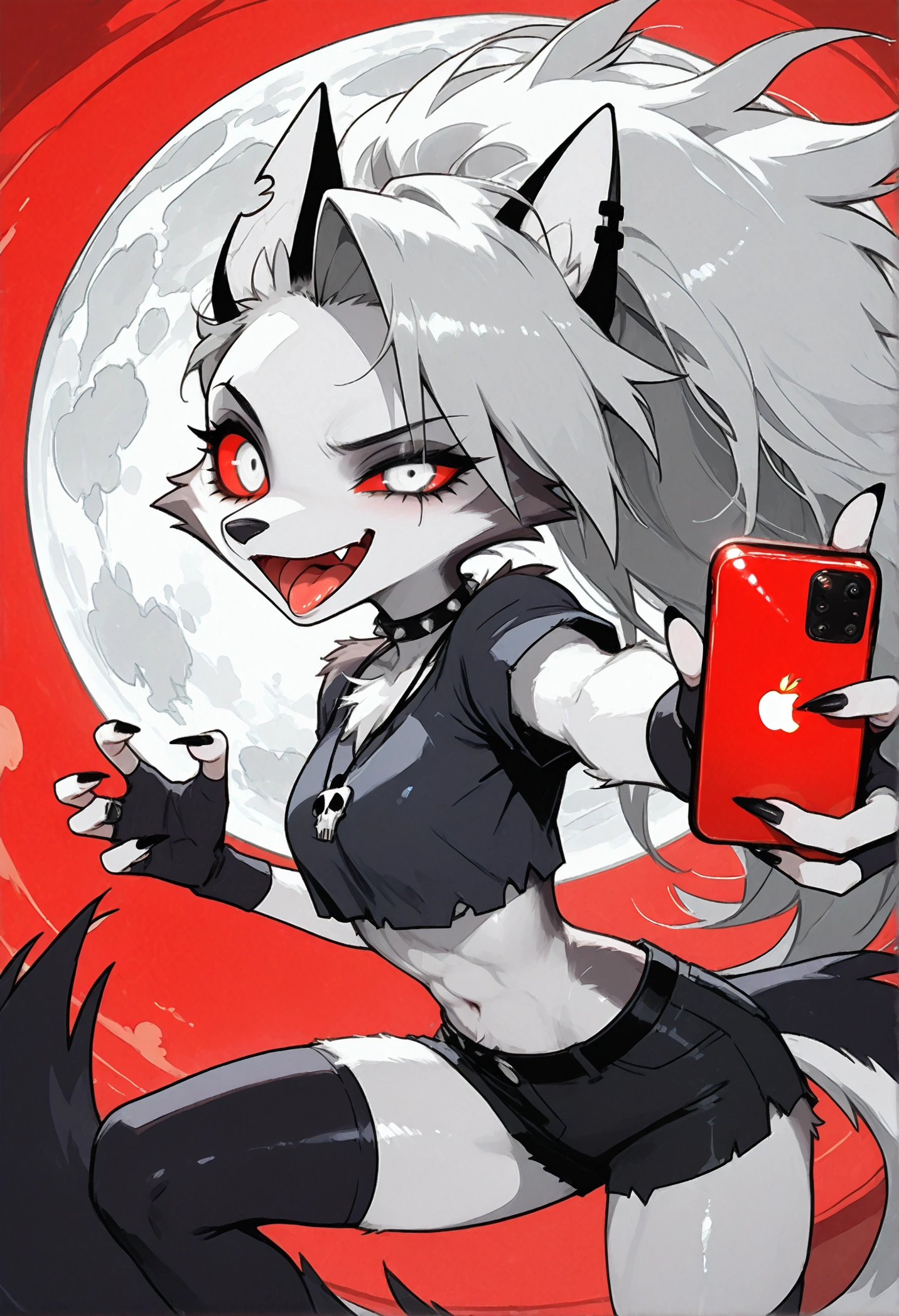 solo,1girl\((red sclera:1.3),(white eyes:1.3), Loona, Loona\(Helluva Boss\),hellhound, muzzle, Anthro, furry, thigh highs, fingerless gloves, Shorts, Crop top, evil smile,mad, (fang:1.4), sharp teeth, (open mouth:1.3),(tongue:1.3),(close-up of eye:1.4),(abs:0.8),long nails,detailed face,(detailed fur:1.3),shiny fur,shiny skin,(hold red iPhone:1.3),dynamic pose,(from side:1.3)\).dynamic angle. score_9, score_8_up, score_7_up, score_6_up, score_5_up, score_4_up, source_anime,source_furry,rating_safe,rating_questionable,masterpiece, best quality, perfect anatomy , very aesthetic , absurdres .limited palette.red filter.gothic horror mood.full moon.(dynamic angle:1.3).(fisheye:1.4) lens.d3t41l3d