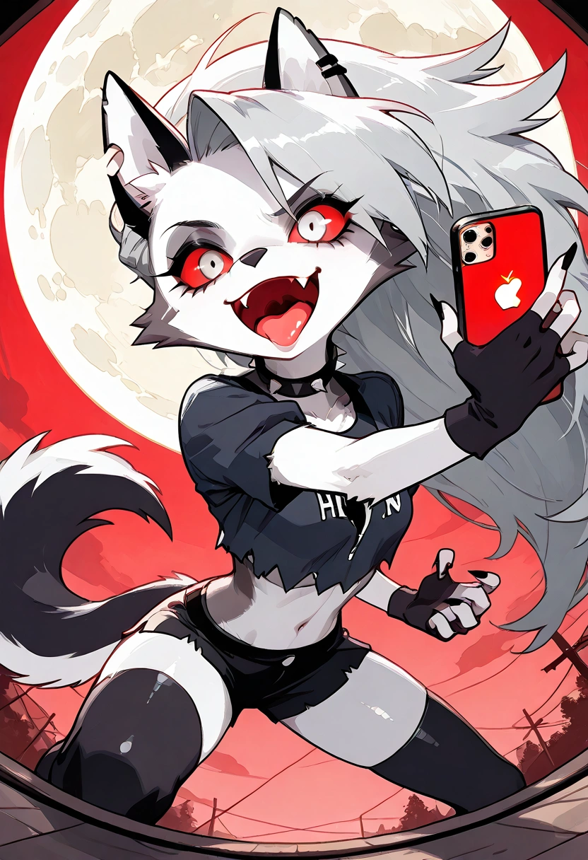 solo,1girl\((red sclera:1.3),(white eyes:1.3), Loona, Loona\(Helluva Boss\),hellhound, muzzle, Anthro, furry, thigh highs, fingerless gloves, Shorts, Crop top, evil smile,mad, (fang:1.4), sharp teeth, (open mouth:1.3),(tongue:1.3),(close-up of eye:1.4),(abs:0.8),long nails,detailed face,(detailed fur:1.3),shiny fur,shiny skin,(hold red iPhone:1.3),dynamic pose,(from side:1.3)\).dynamic angle. score_9, score_8_up, score_7_up, score_6_up, score_5_up, score_4_up, source_anime,source_furry,rating_safe,rating_questionable,masterpiece, best quality, perfect anatomy , very aesthetic , absurdres .limited palette.red filter.gothic horror mood.full moon.(dynamic angle:1.3).(fisheye:1.4) lens.d3t41l3d