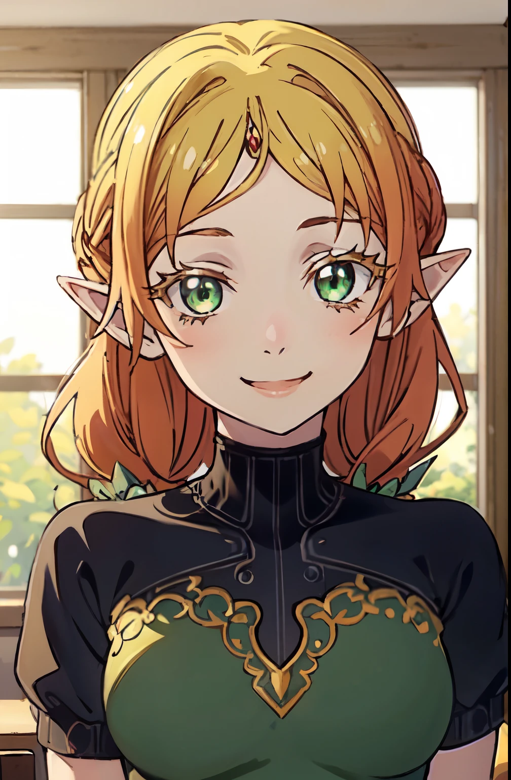 Pointy ears, jewel on forehead, green peach dress, puffy short sleeves, smiling face, cute dress, super detailed, masterpiece, better quality, aesthetic, detailed,