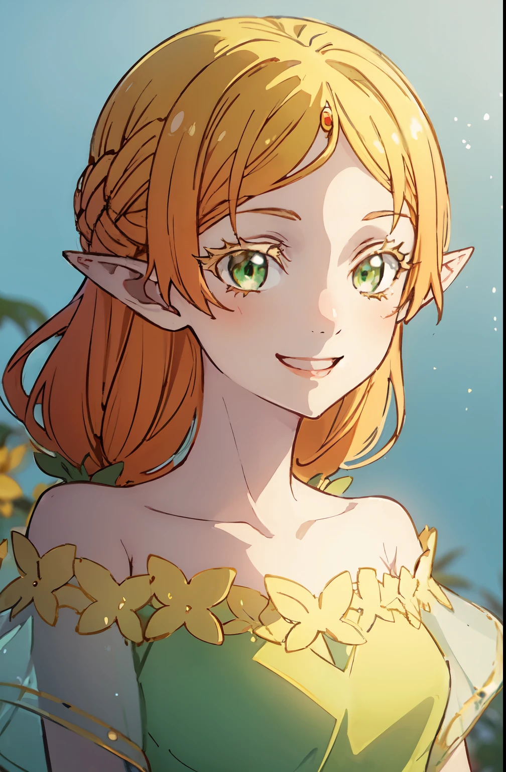 Pointy ears, jewel on forehead, green peach dress, puffy short sleeves, smiling face, cute dress, super detailed, masterpiece, better quality, aesthetic, detailed,