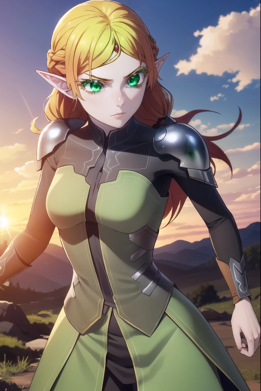 Tsundere elf, long hair, blonde hair, (green eyes: 1.5), pointy ears, elf, multicolored hair, forehead gem, battle scene with dragon, holding a wide large sword, light green fabric dress, forest, nature, sun, sky, clouds, best quality, high resolution, Unity 8k wallpaper, (illustration: 0.8), (beautifully detailed eyes: 1.6), highly detailed face, perfect lighting, highly detailed CG, (perfect hands, perfect anatomy),