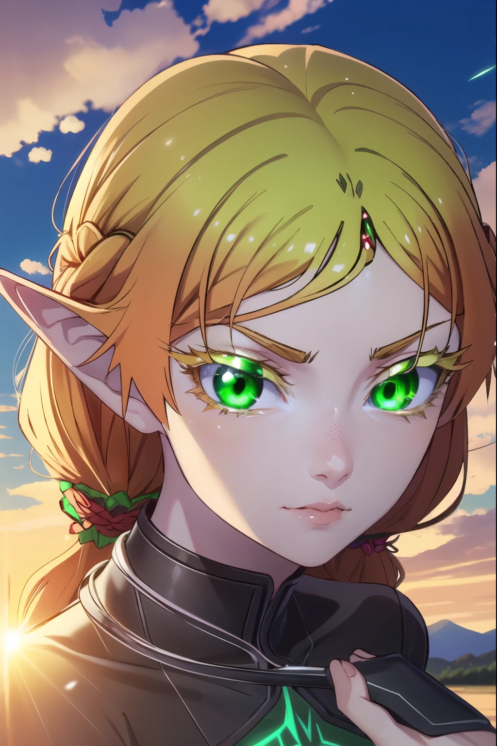 Tsundere Elf, Tsundere Elf, Long Hair, Blonde Hair, (Green Eyes: 1.5), Pointy Ears, Elf, Multicolored Hair, Forehead Jewel, Holding Sword, Fighting Scene, Light Green Dress, Flower Pattern on Collar, Forest, Nature, Sun, Sky, Clouds, Best Quality, High Resolution, Unity 8k Wallpaper, (Illustration: 0.8), (Beautifully Detailed Eyes: 1.6), Highly Detailed Face, Perfect Lighting, Highly Detailed CG, (Perfect Hands, Perfect Anatomy),