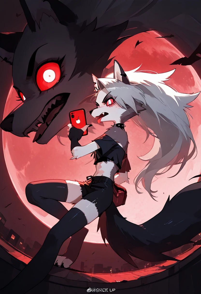 solo,1girl\((red sclera:1.3),(white eyes:1.3), Loona, Loona\(Helluva Boss\),hellhound, muzzle, Anthro, furry, thigh highs, fingerless gloves, Shorts, Crop top, evil,mad, (fang:1.4), sharp teeth,(tongue:1.3),(close-up of eye:1.4),(abs:0.8),long nails,detailed face,(detailed fur:1.3),shiny fur,shiny skin,(hold red iPhone:1.3),dynamic pose,(side view,facial profile)\).dynamic angle. score_9, score_8_up, score_7_up, score_6_up, score_5_up, score_4_up, source_anime,source_furry,rating_safe,rating_questionable,masterpiece, best quality, perfect anatomy , very aesthetic , absurdres .limited palette.red filter.gothic horror mood.full moon.(dynamic angle:1.3).(fisheye:1.4) lens.