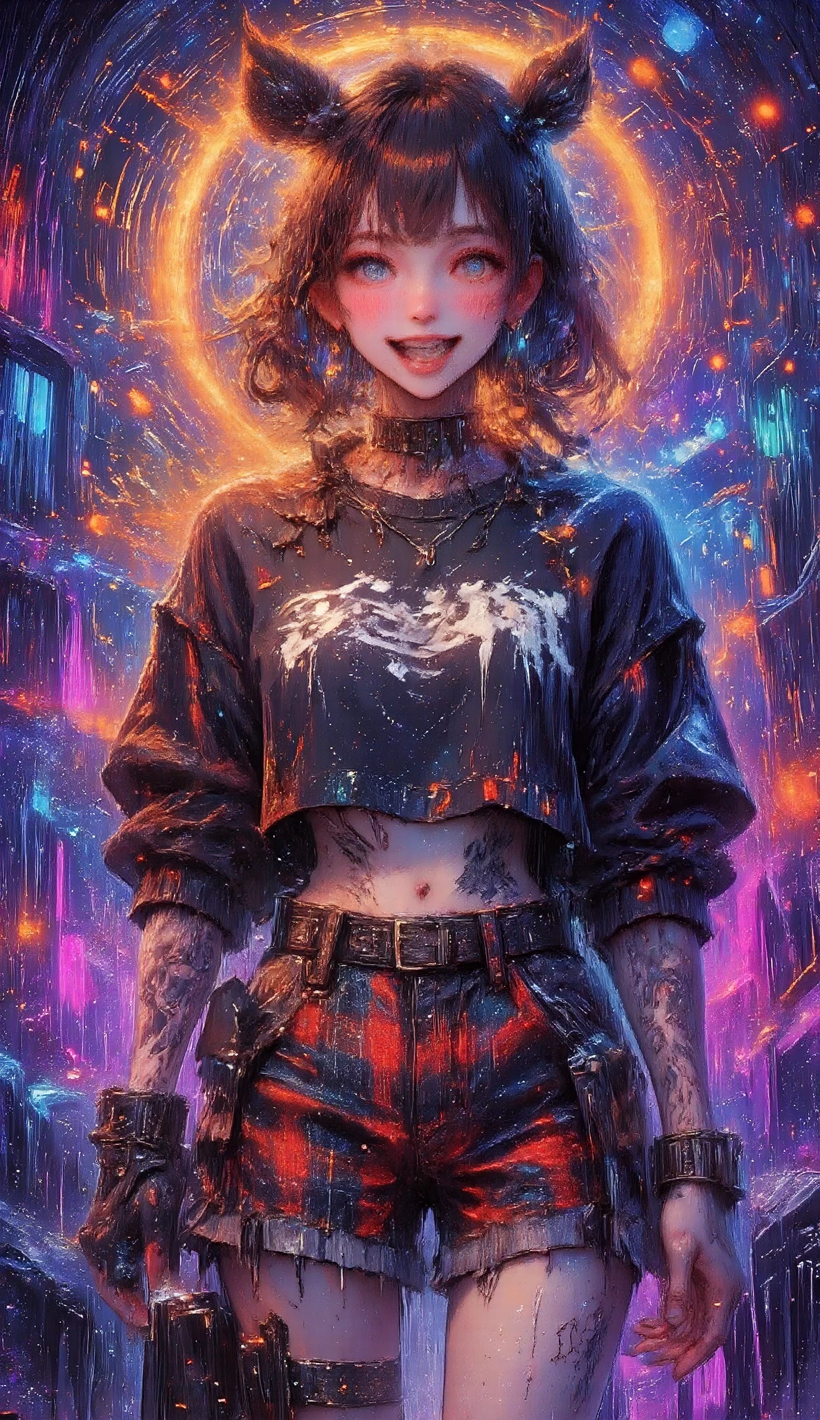  general plan :1.3, anatomically correct full body ,  of a young woman with modern hair with brown bangs and perforations,  half open mouth perfect teeth showing only the tongue  , Cheerful image wears dog collar with spikes and chains  ,  black sweatshirt  ,  short skirt with red and black Scottish print  ,tattoos, violet and cyan background  ,  Cyberpunk art inspired by Ross Tran  ,  trend in CGSociety  , Gothic art, Ross Tran!!!, Style Ross Tran, in the style of Ross Tran , Ross Tran 8K, ross drawings  1. 0,  artwork in the style of Guweiz  , anime vibes, :: ross drawings 