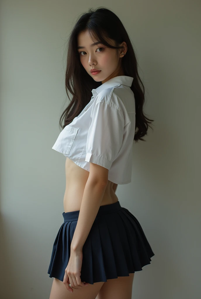 dirty, wet, A thai high school 16 year old, medium hair, baby face, scared, crying, sad Face red with embarrassment school unifrom,Unbutton white shirt, dark blue skirt, class room, showing her breast, small breast, standing, showing her pussy, tied up and restraint , BDSM, ((Angle of view from below:1.3)),