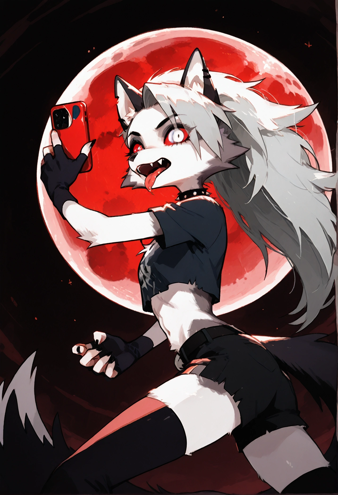 solo,1girl\((red sclera:1.3),(white eyes:1.3), Loona, Loona\(Helluva Boss\),hellhound, muzzle, Anthro, furry, thigh highs, fingerless gloves, Shorts, Crop top, evil,mad, (fang:1.4), sharp teeth,(tongue:1.3),(close-up of eye:1.4),(abs:0.8),long nails,detailed face,(detailed fur:1.3),shiny fur,shiny skin,(hold red iPhone:1.3),dynamic pose,(side view,facial profile)\).dynamic angle. score_9, score_8_up, score_7_up, score_6_up, score_5_up, score_4_up, source_anime,source_furry,rating_safe,rating_questionable,masterpiece, best quality, perfect anatomy , very aesthetic , absurdres .limited palette.red filter.gothic horror mood.full moon.(dynamic angle:1.3).(fisheye:1.4) lens.