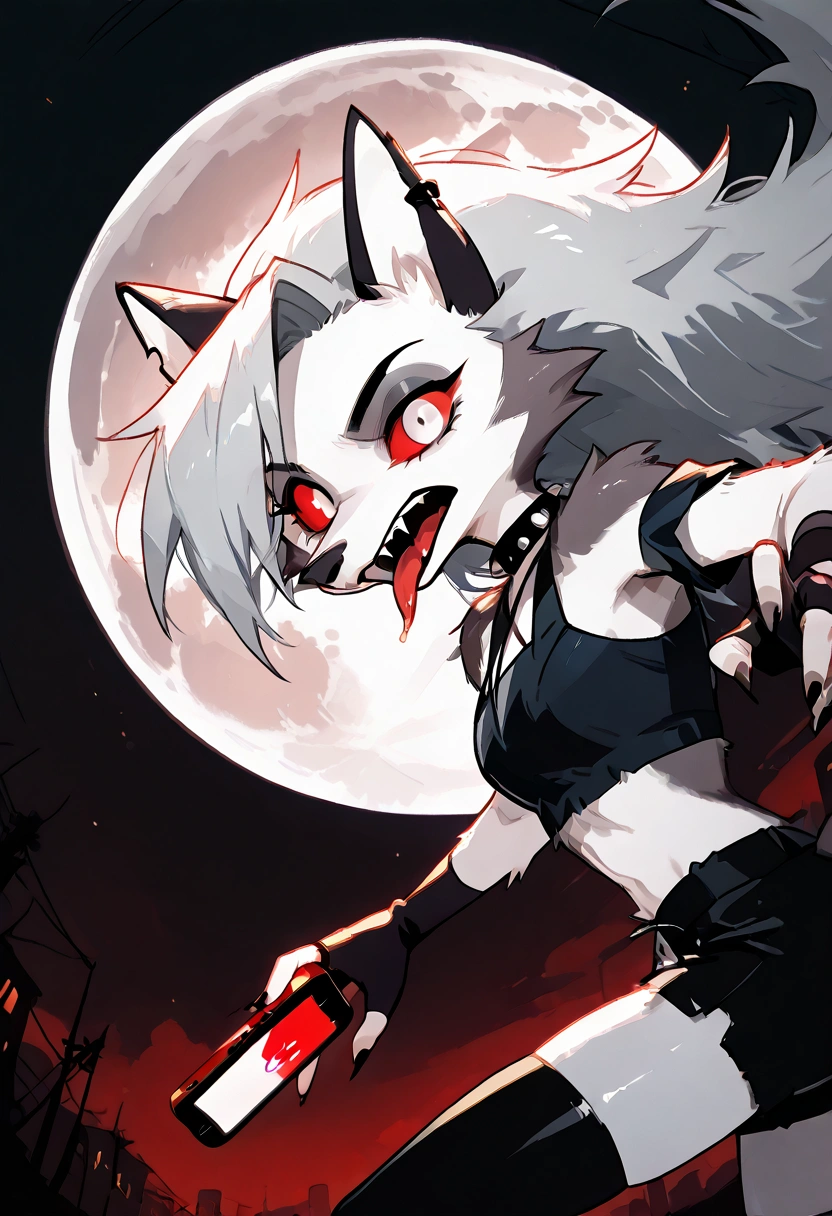 solo,1girl\((red sclera:1.3),(white eyes:1.3), Loona, Loona\(Helluva Boss\),hellhound, muzzle, Anthro, furry, thigh highs, fingerless gloves, Shorts, Crop top, evil,mad, (fang:1.4), sharp teeth,(tongue:1.3),(close-up of eye:1.4),(abs:0.8),long nails,detailed face,(detailed fur:1.3),shiny fur,shiny skin,(hold red iPhone:1.3),dynamic pose,(side view,facial profile)\).dynamic angle. score_9, score_8_up, score_7_up, score_6_up, score_5_up, score_4_up, source_anime,source_furry,rating_safe,rating_questionable,masterpiece, best quality, perfect anatomy , very aesthetic , absurdres .limited palette.red filter.gothic horror mood.full moon.(dynamic angle:1.3).(fisheye:1.4) lens.