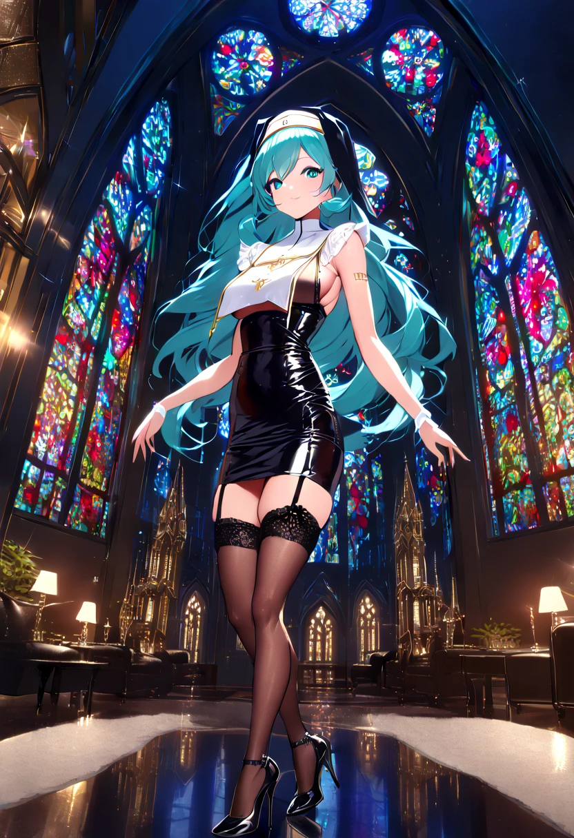 (hatsune miku:1.2), (gleaming skin, shiny skin:1.4), (nun clothes, breast curtain, sheer:1.4), (nun pencil skirt, sheer:1.4), (garter stocking, garter belt:1.4), (high heels:1.4), (cowboy shot:1.4), (luxurious penthouse, indoor rooftop cathedral, stained glass:1.4), (midnight:1.4),