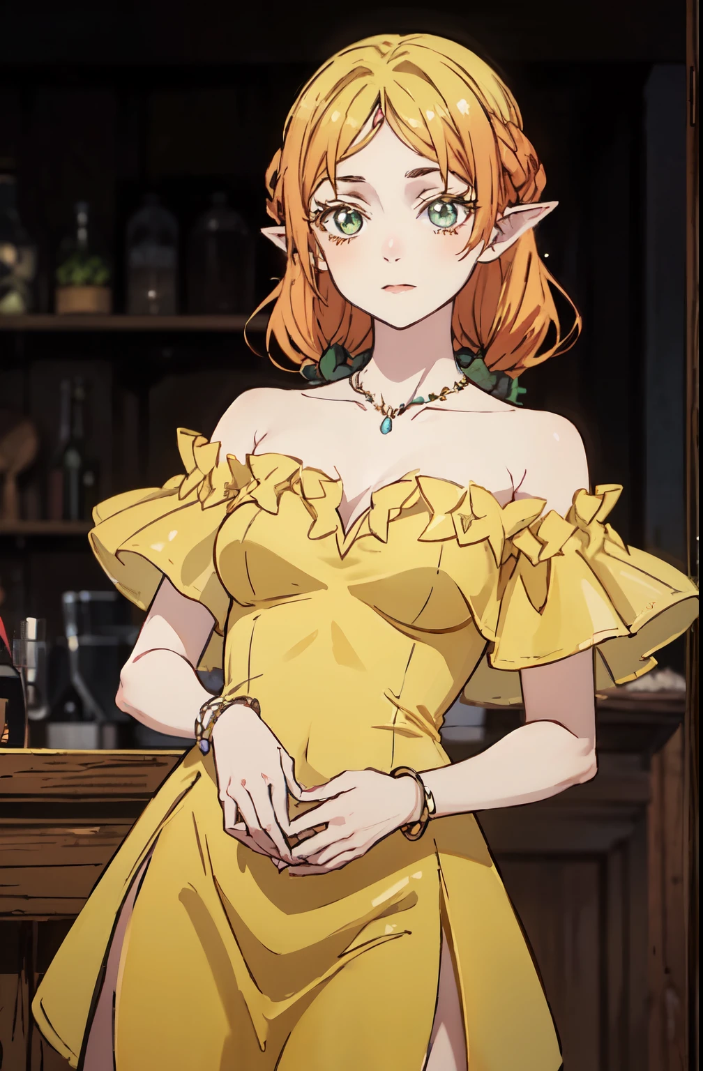  cowboy pull ,   pointy ears ,  forehead jewel, sui-000008 (2),   peachdress, puffed short sleeves, jewelry, dress,, absurdities, ultra Detailed,  masterpiece,  better quality , aesthetic, Detailed,