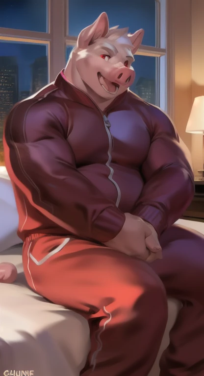 A man, fat, fat,physical education teacher,very short hair, wide shirt,Red jersey jacket, masterpiece, highest quality,Sitting in a chair,Red jersey trousers