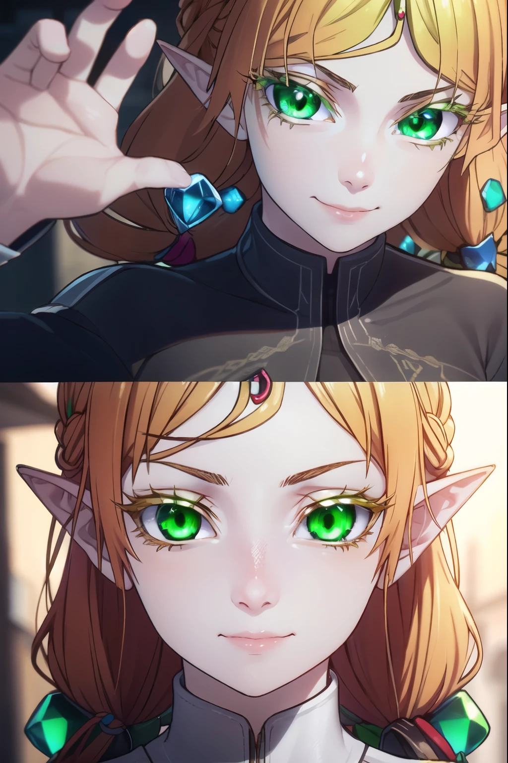 Tsundere elf, long hair, blonde hair, (green eyes: 1.5), pointy ears, elf, mini skirt, smiling face, multicolored hair, forehead gemstone, medieval street, BREAK staring at the viewer, (masterpiece: 1.2), best quality, high resolution, unity 8k wallpaper, (illustration: 0.8), (beautifully detailed eyes: 1.6), highly detailed face, perfect lighting, highly detailed CG, (perfect hands, perfect anatomy),