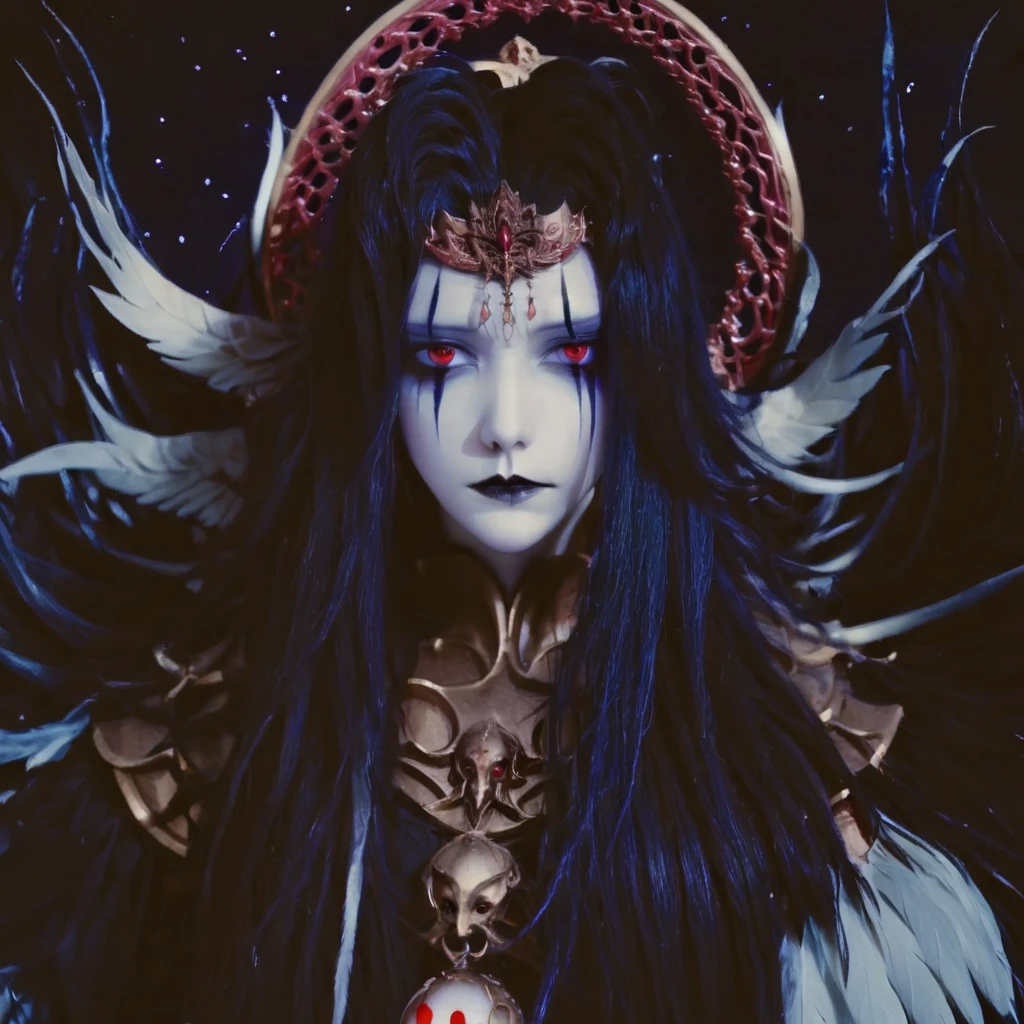 endsinger, 1girl, solo, black armor, red feathers, bleeding eyes, male focus, black hair, black lips, blue skin, endsinger, fantasy, head wings, long hair, looking at viewer, night, night sky, orb, pale skin, pointy ears, wings, dark Purple Orb, Red accents, horror, Dark Aesthetic, Claws
