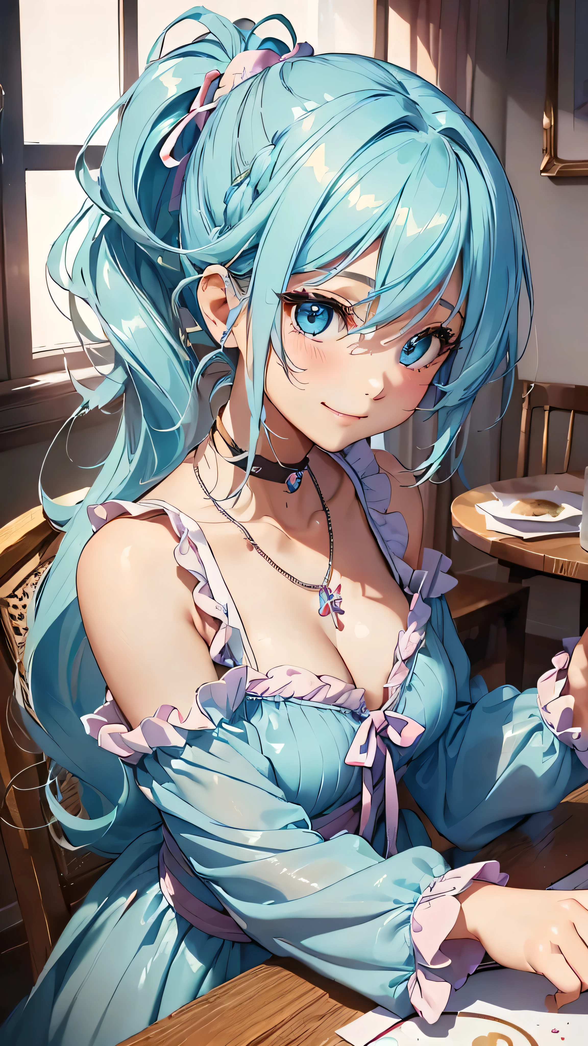 最high quality、Best image quality、masterpiece、With a girl((cute、18-year-old、Best Bust、Medium Bust、Beautiful Blue Eyes、Spread your chest wide,Pastel Hair、ponytail、Disheveled Hair、thin、Highest Valley、Pastel Dress、smile、necklace、Wristband、))high quality、Beautiful art、background((Pastel Room、Live Performance Venues)),Tabletop、Exquisite design、Visual Arts、Written boundary depth、Best lighting、Highest detail、8k
