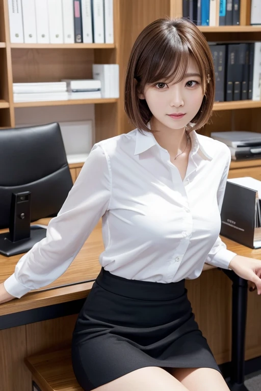 highest quality、masterpiece、(8k, High resolution), high resolution, (Photorealistic)、The face is in focus、Symmetrical eyes、Beautiful Skin、Natural Makeup、Gloss lips, High-definition hair、Japanese women、office lady、19 years old, Anatomically correct, very cute, (White collarless blouse, business suit、Pencil Skirt), (Embarrassing:1.3), (blush)、office, View Viewer, (short hair), (Multiple Angles), (Small breasts, Erect nipples), (Place your hand on your chest:1.3)、Sitting