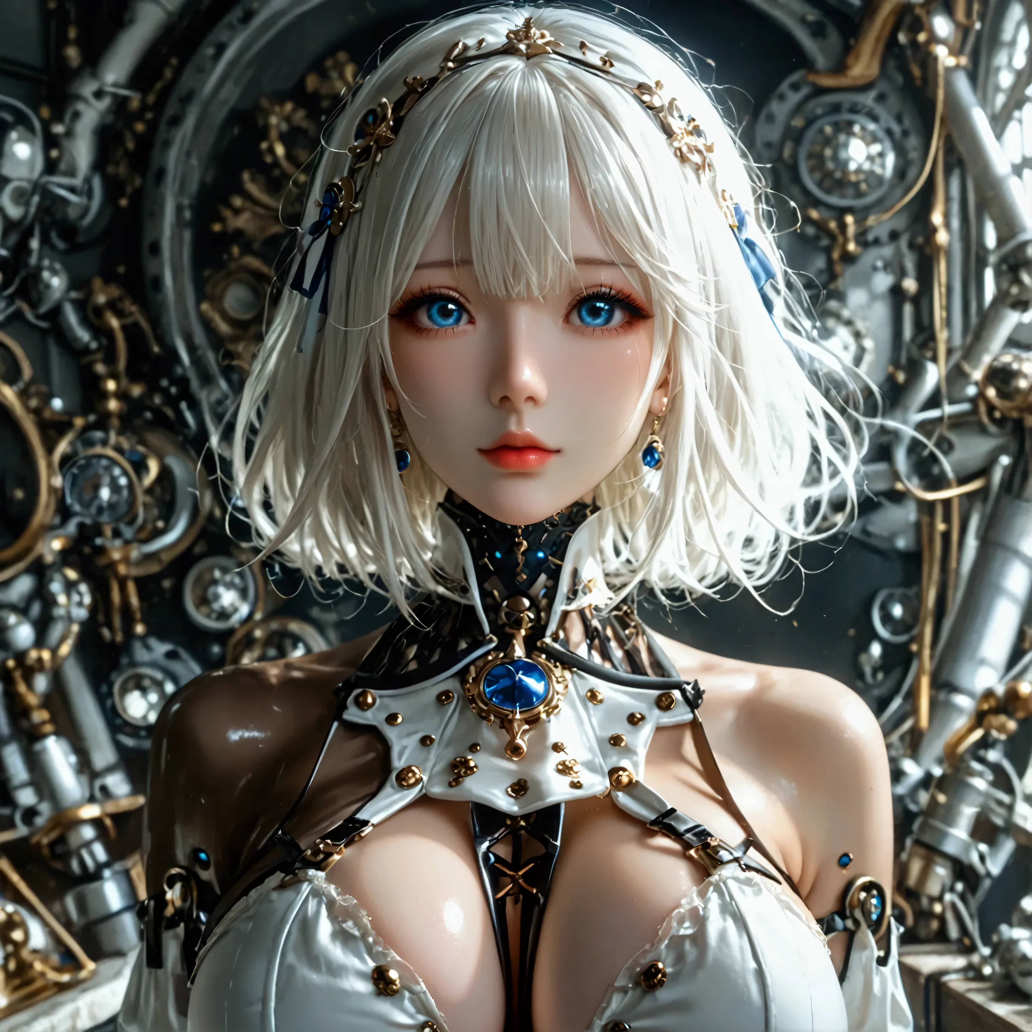 (((masterpiece)))、((highest quality))、(super detailed)、(CG illustration)、(so beautiful ))、cinematic light、(((1 Mechanical Girl)))、 SF、Apocalypse、erotic grotesque、Research Institutes(beautiful and luxurious:1.2)、(1 girl:1.3)、facing the front, ((large breasts:1.2), (huge breasts:1.2), (Uplifted and well-defined bust:1.2), (lifted chest:1.2), (perky breasts :1.2),(deep cleavage:1.4), (double breasted,under bust:1.2), button gap,(((corset belt))),(((high waist skirt,)))