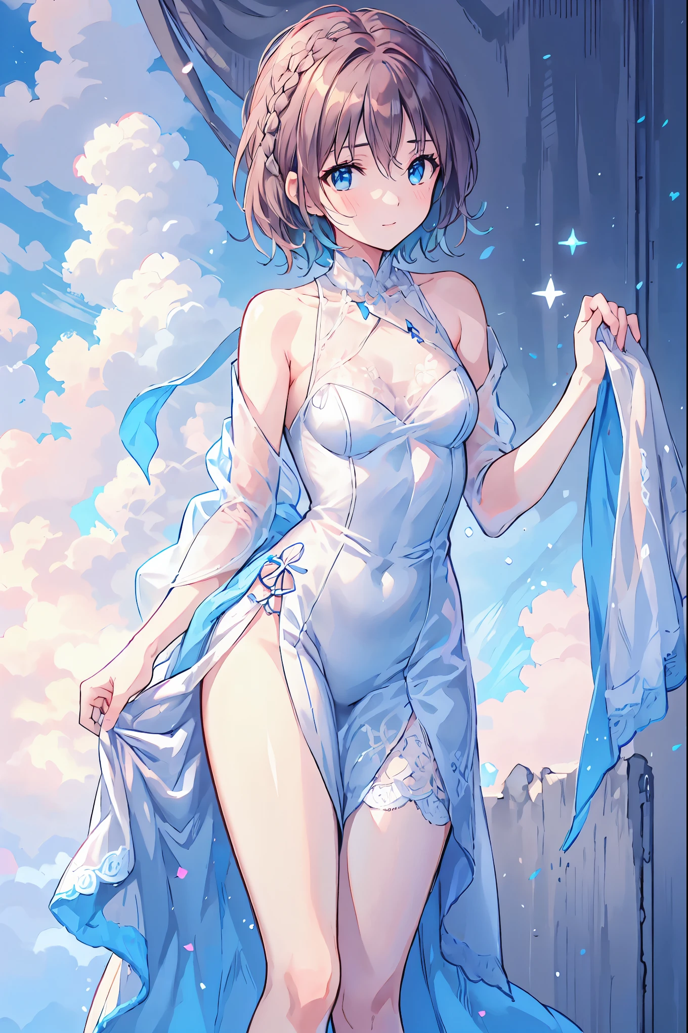 (masterpiece, highly detailed, best quality, official art, beautiful and aesthetic:1.3),(highly detail CG Illustration),(natural lighting),short hair,(1Girl:1.2),(from back),most detailed,(bandage attire:1.2),many bandage),bandage-made ensemble:1.2,(bandages attached her face),(bandage covering her body),tied up,(bandage attached her body), focus character, (laying on your stomach (alluring) pose,), science fiction,(white sand:1.4)