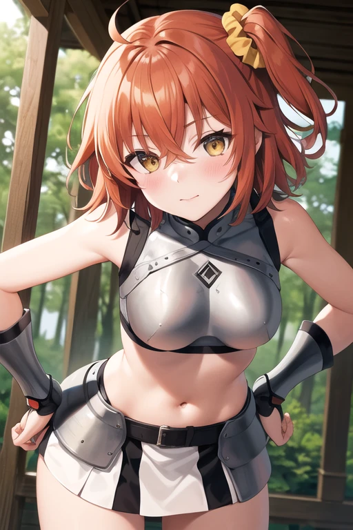 Fujimaru Ritsuka,short hair,orange hair,ahoge,((one side up)),hair between eyes,bangs,hair scrunchie,yellow scrunchie,yellow eyes,medium breasts,
((armored dress,navel,underboob,thighs,midriff)),
1girl,(is embarrassing,big blush,closed mouth,steam:1.0),
((leaning forward,hand on hip:1.2)),
(forest:1.0),clothed