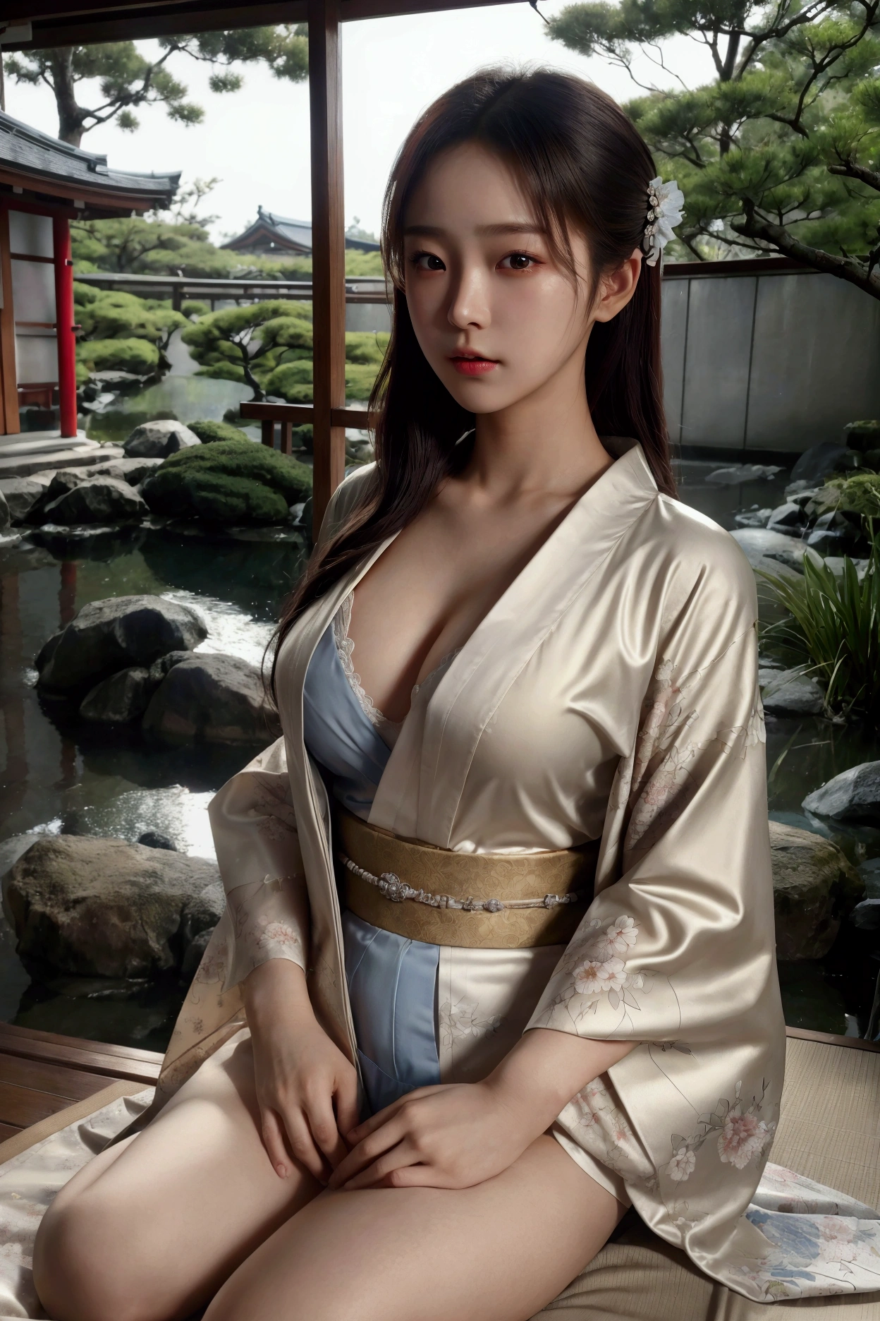 Masterpiece, ultra-high resolution, photo-realistic, realistic skin details, realistic clothing details, cinematic lighting, ray tracing, -yeld gi underwear, kimono, Japanese garden,