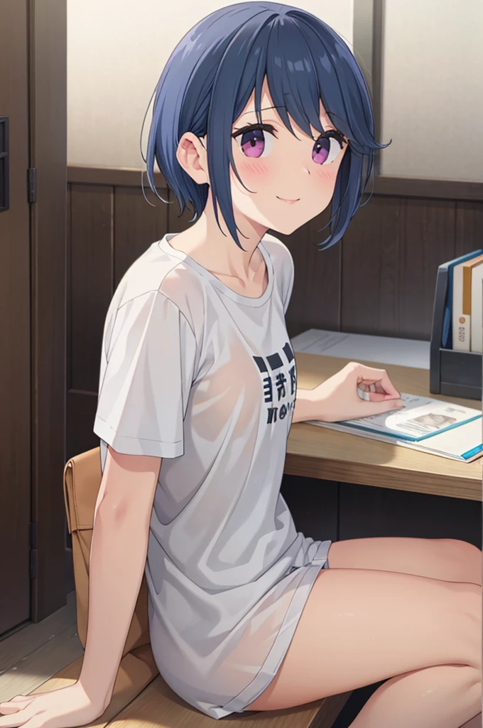  top quality,   Masterpiece ,  super high resolution, ( realistic : 1.4),Island Rin,  RAW photo,  1 girl, ,   knight , short haired 、Cottage Room, look at me, small breasts,,  Best Smile ,  pubic skin, Dramatic lighting,  nice,  (blush、cutest smile),  deep neckline ,((T-Shirts、 white panties ))