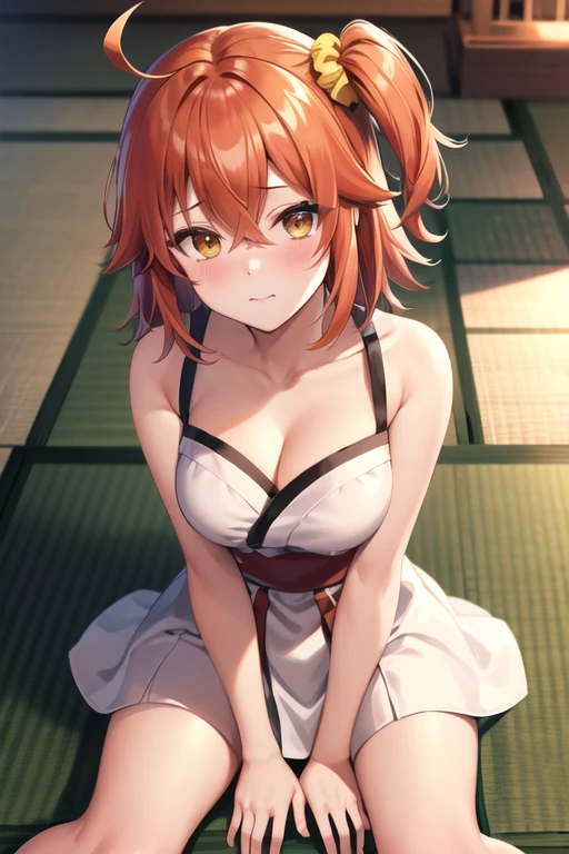 Fujimaru Ritsuka,short hair,orange hair,ahoge,((one side up)),hair between eyes,bangs,hair scrunchie,yellow scrunchie,yellow eyes,medium breasts,
((bare shoulders,miko,cleavage)),
1girl,(is embarrassing,big blush,closed mouth,steam:1.0),
((sitting on tatami,hand between legs:1.2)),
(temple:1.0),clothed